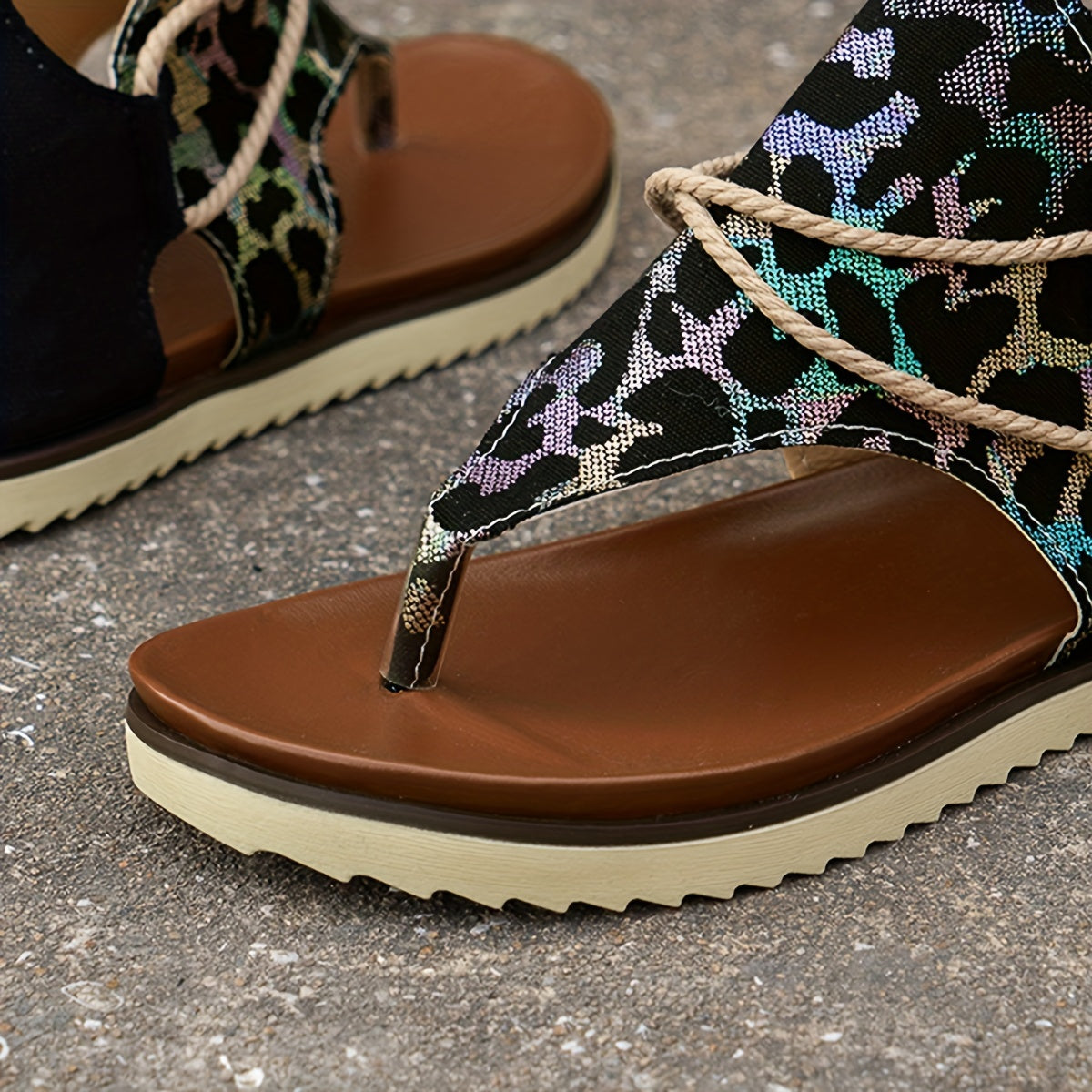Leopard Print Toe Woven Flat Sandals Women's Back Zipper Summer Sandals