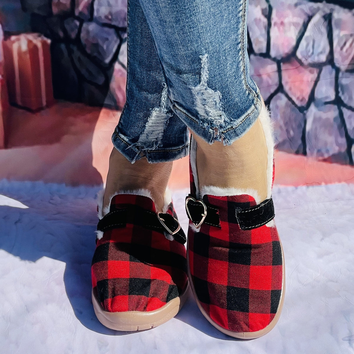 Winter Christmas Women's Plaid Furry Slippers Soft Comfortable Canvas Shoes