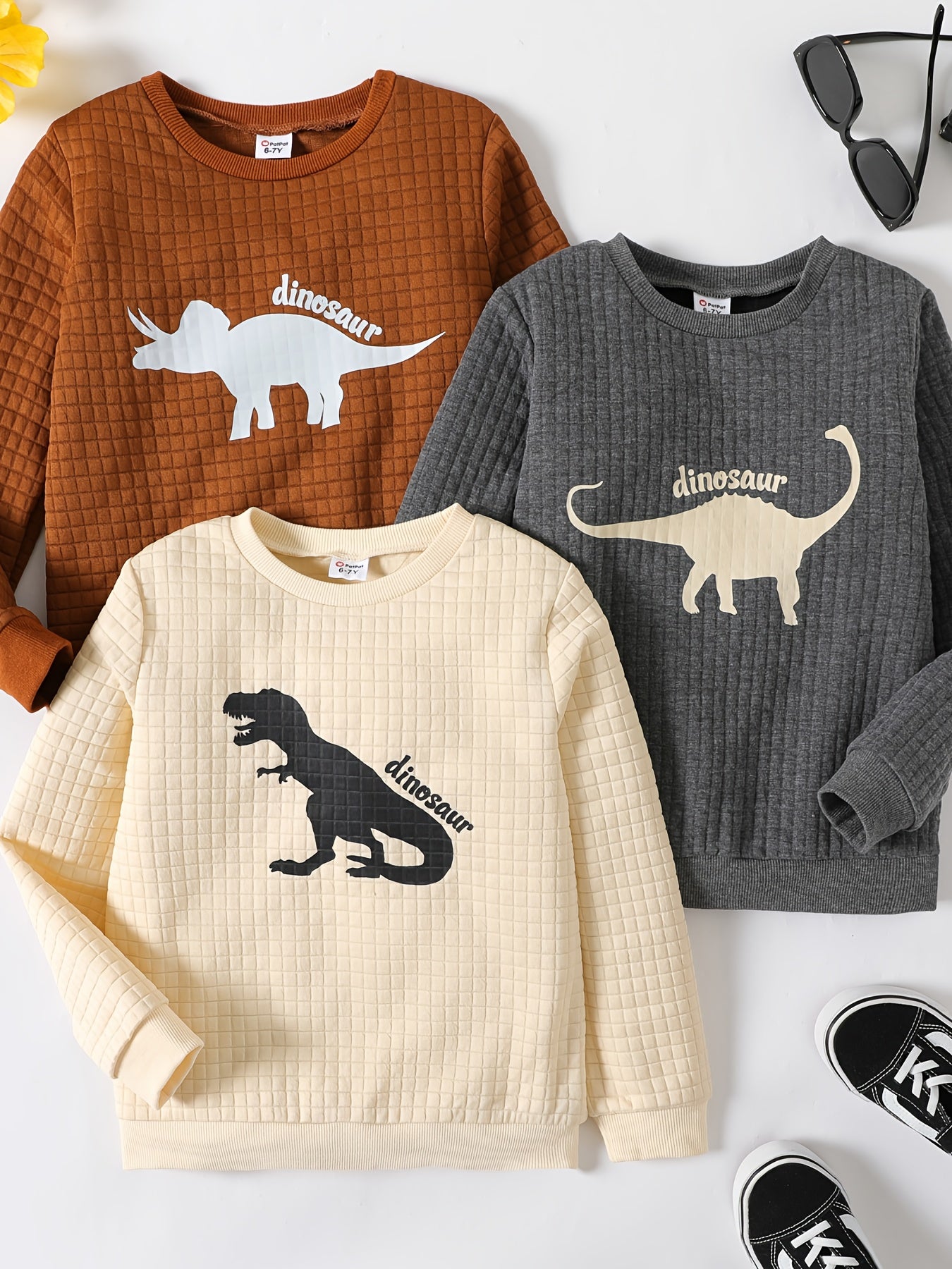 Dinosaur Print Boys Casual Pullover Sweatshirt Long Sleeve Crew Neck Tops