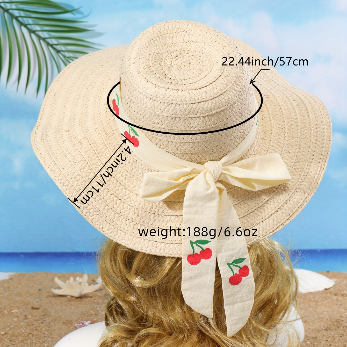 Beige Straw Sun Hat Cherry Print Ribbon Bowknot UV Protection