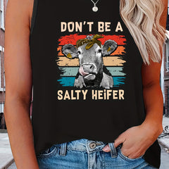  Colorblock Cow & Slogan Print Tank Top