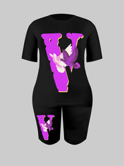 Women's Plus Letter & Pigeon Print Tee & Shorts Outfits 2pcs Set