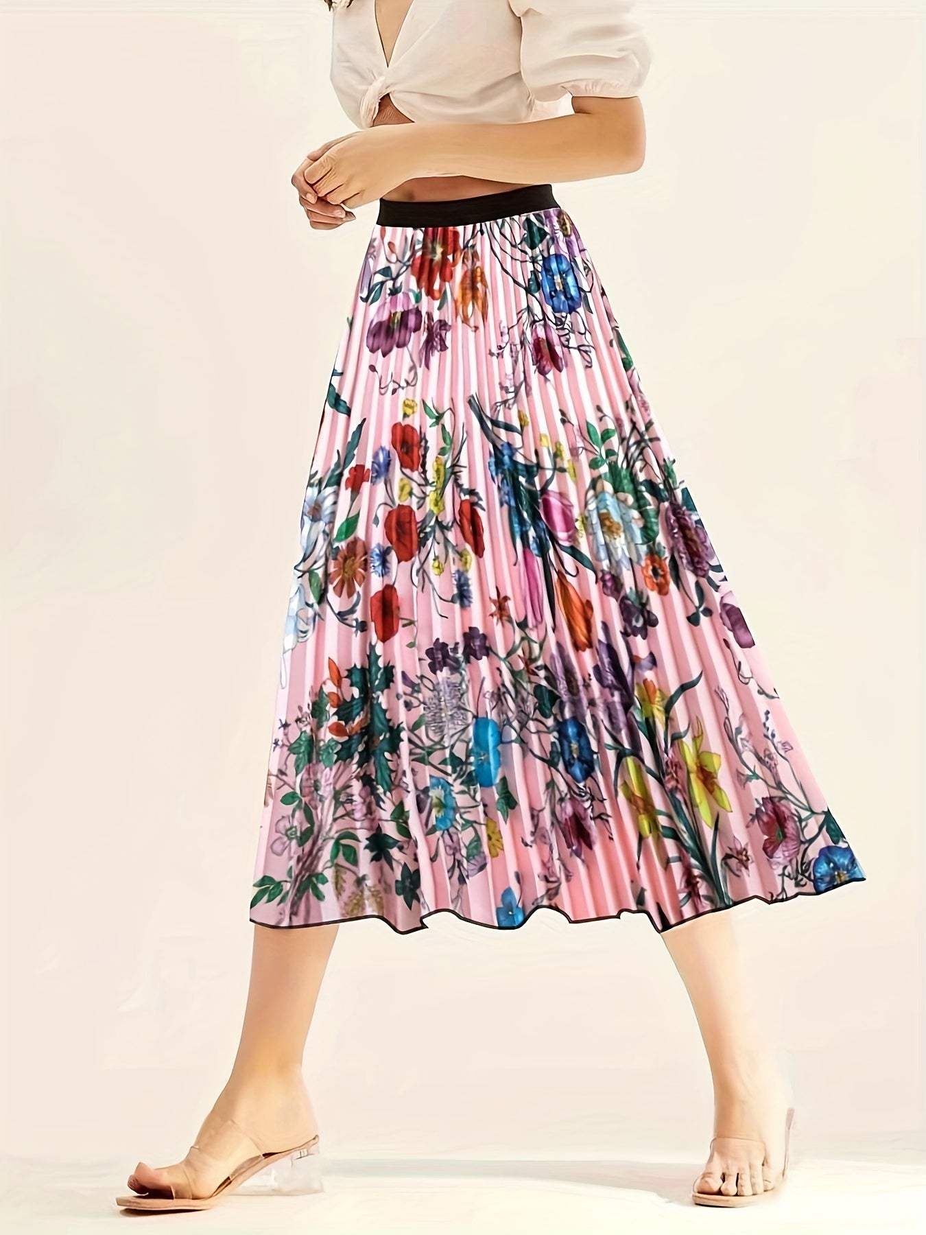  Women's Floral Print Pleated Midi Skirt