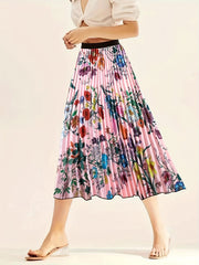  Women's Floral Print Pleated Midi Skirt