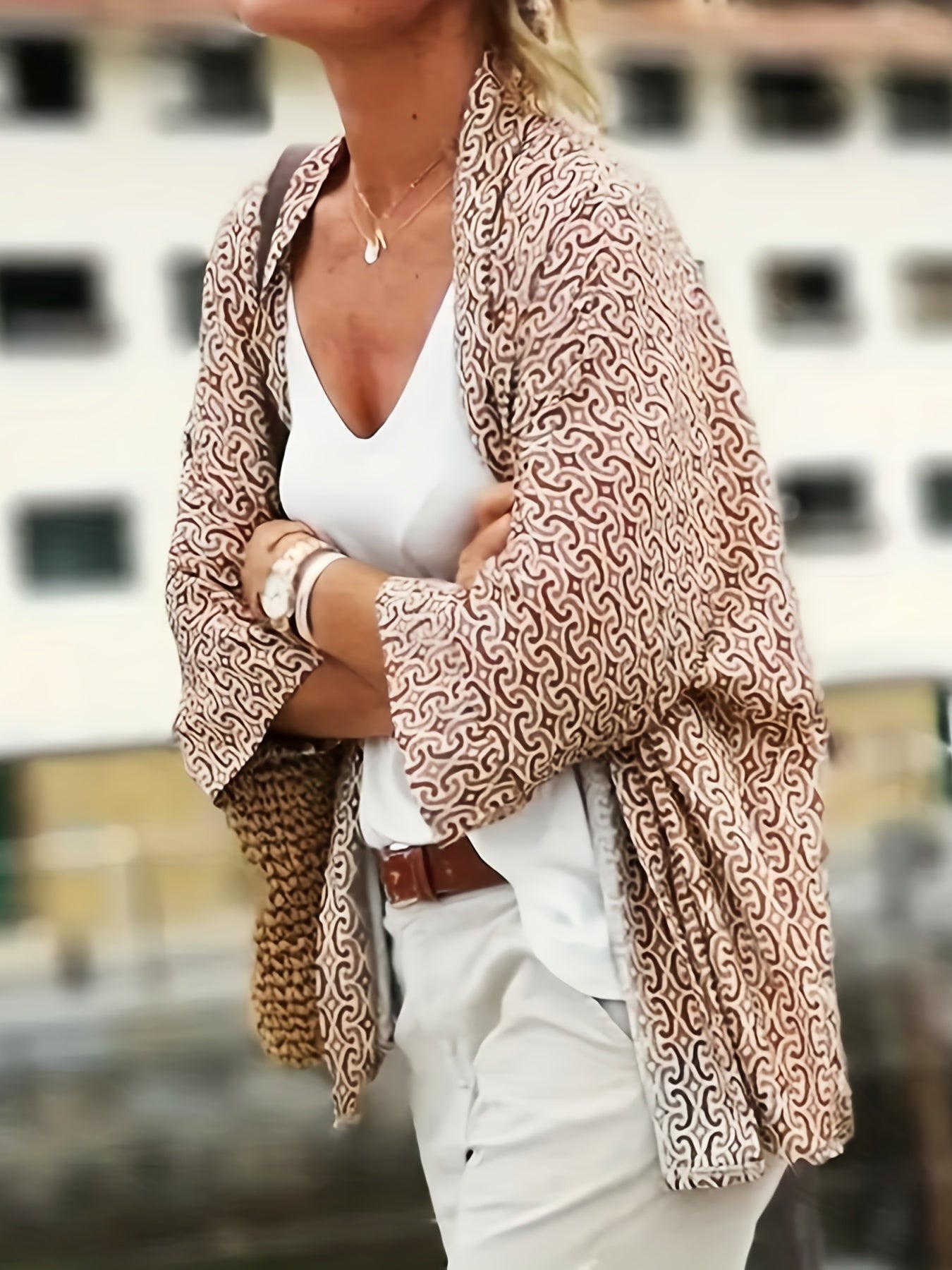  Casual Cardigan Women's Plus Allover Print Half Sleeve Open Front