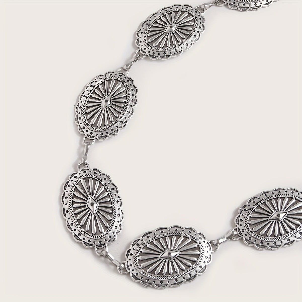 Silvery Hollow Oval Waist Chain Geometric Flower Carved Metal Body Chain