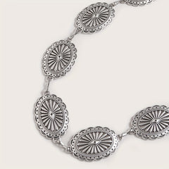 Silvery Hollow Oval Waist Chain Geometric Flower Carved Metal Body Chain