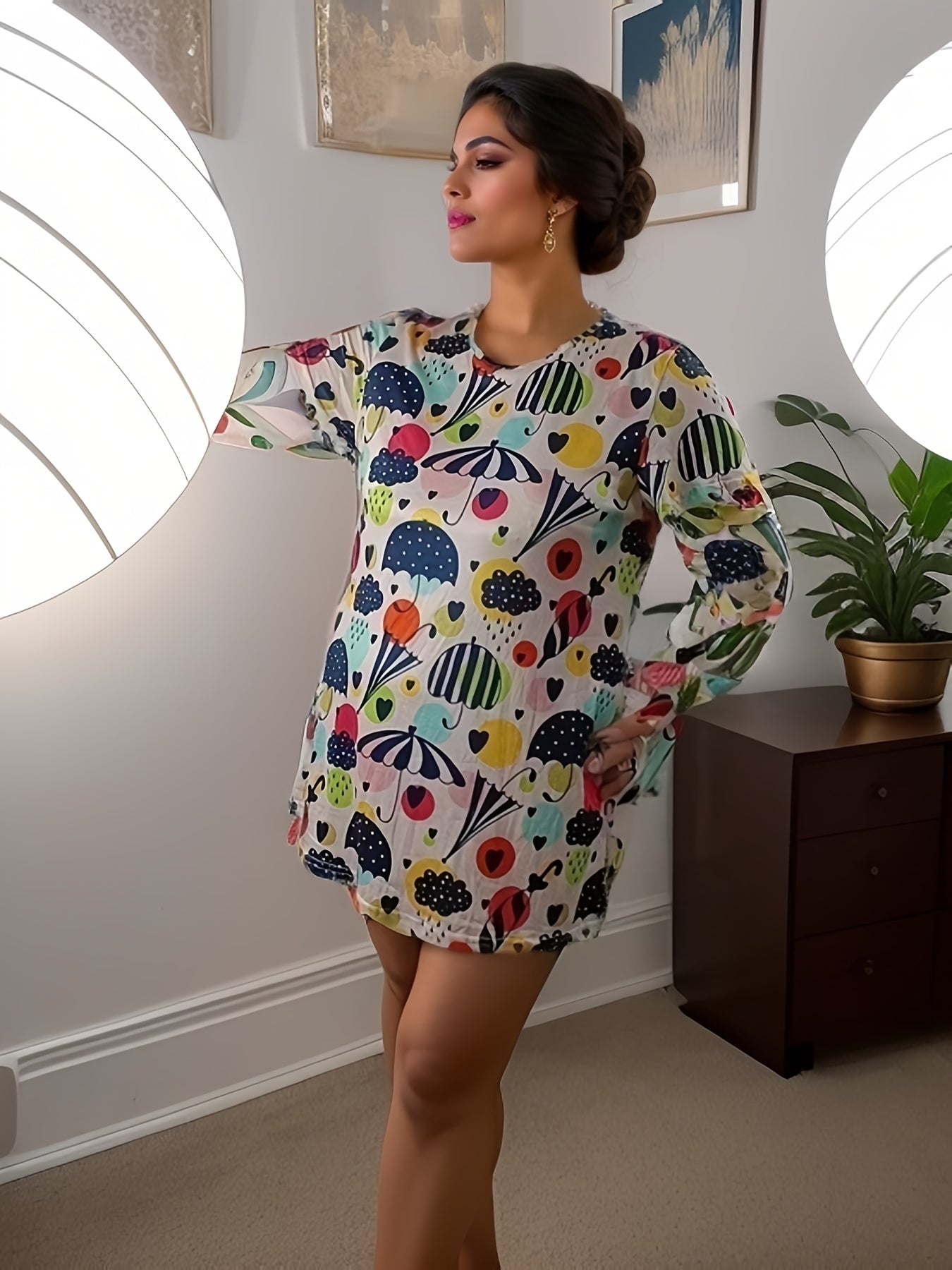  Umbrella & Heart Print Round Neck Tee Nightdress
