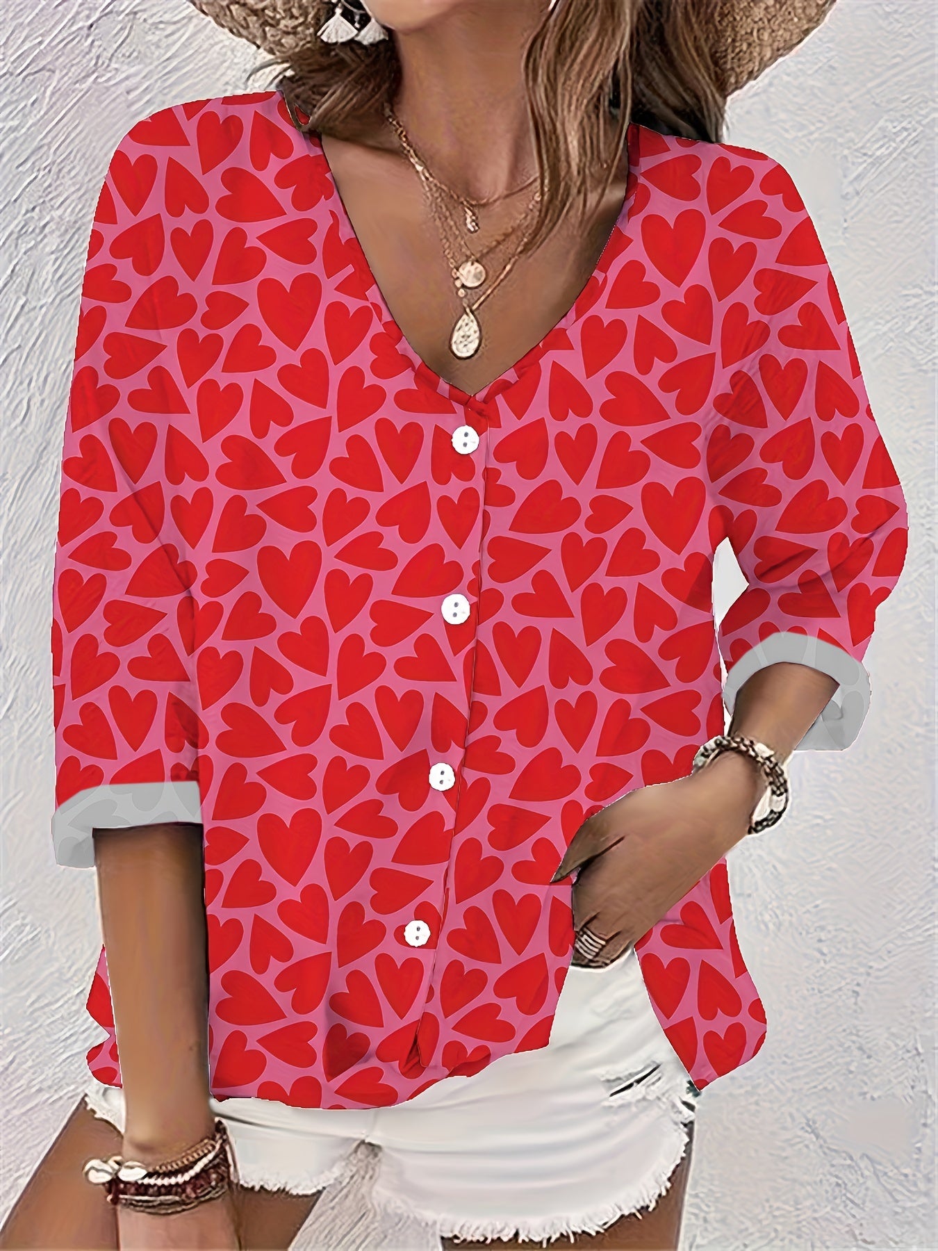  Women's Heart Print Button Up Blouse