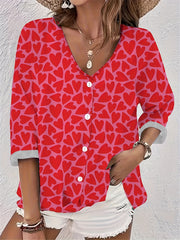  Women's Heart Print Button Up Blouse