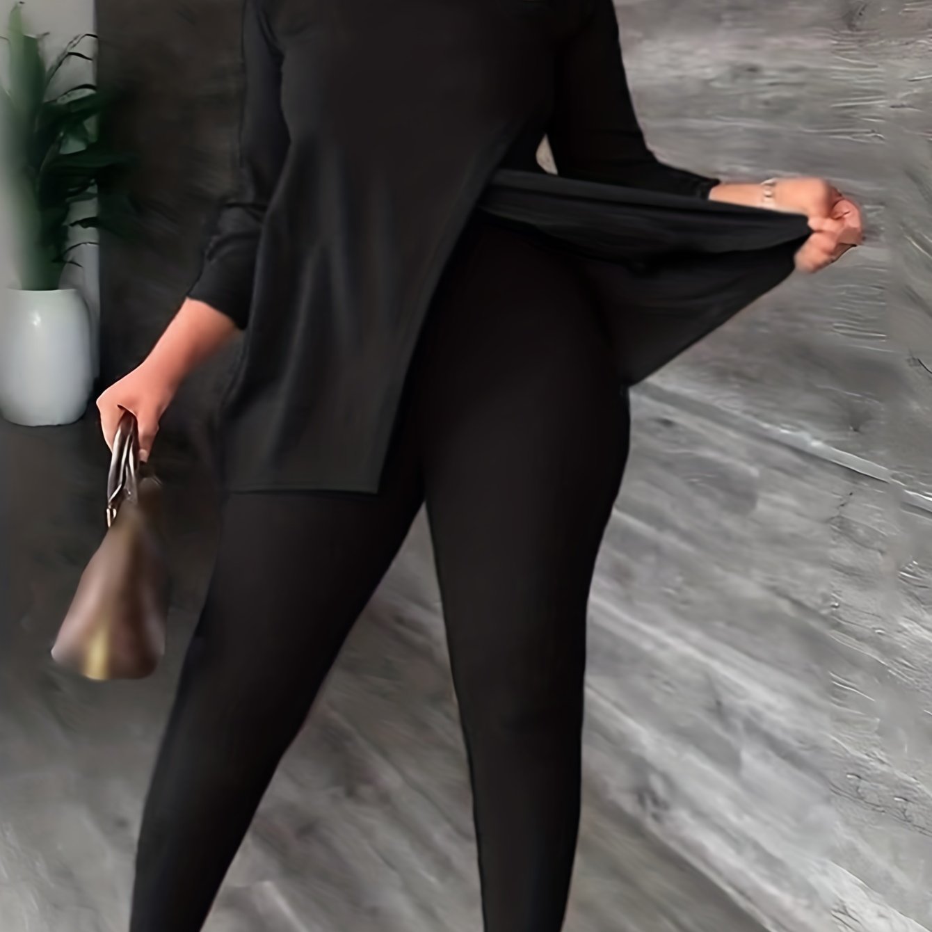 Solid High Neck Split Top & Skinny Pants 2pcs Set