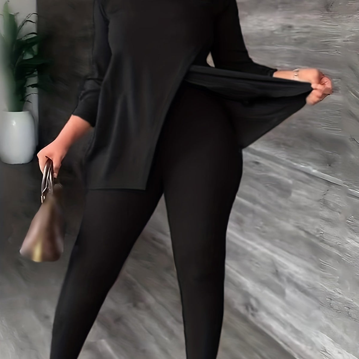  Solid High Neck Split Top & Skinny Pants 2pcs Set