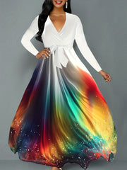  Colorblock Ombre Print Maxi Dress With Belt