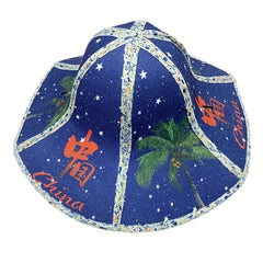Boho Foldable Straw Hat Chin. Style Sun Hat Vintage Umbrella