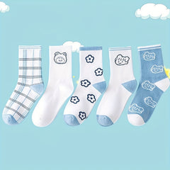 5 Pairs Cartoon & Plaid Print Socks Mid Tube Stockings Women's Hosiery