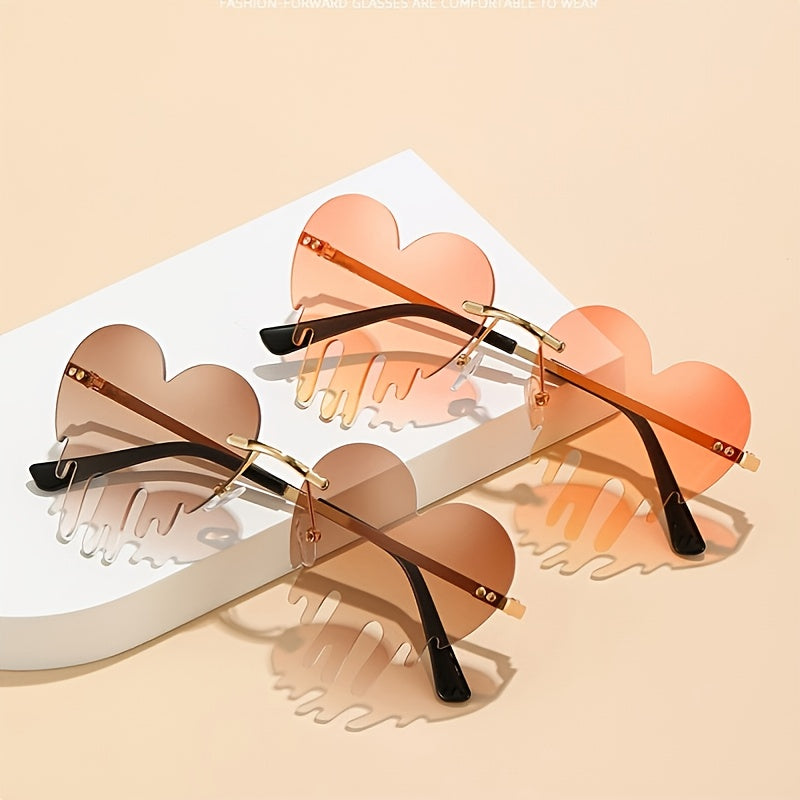 Men's Melting Heart Sunglasses Golden Metal Frameless Tear Drop Eyewear