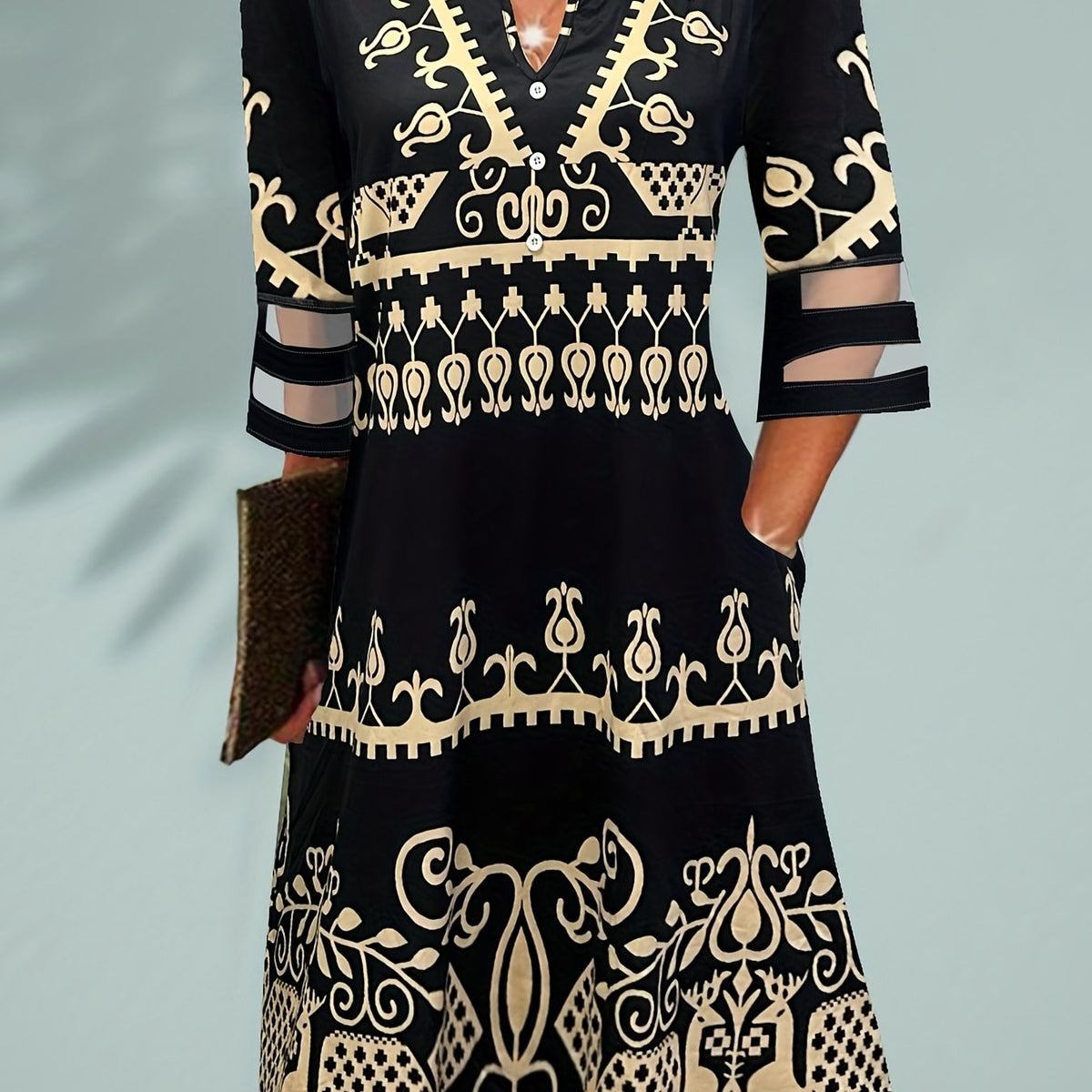 Boho Dress Women's Mesh Half Sleeve Notched Neck Dress With Pockets
