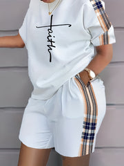 Plaid Two-piece Set Faith Print Tops & Workout Shorts Outfits