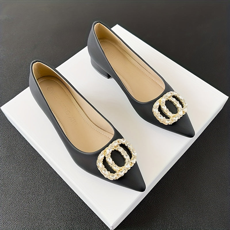 Women's Rhinestone Decor Slip-On Shallow Mouth Chunky Heel Shoes