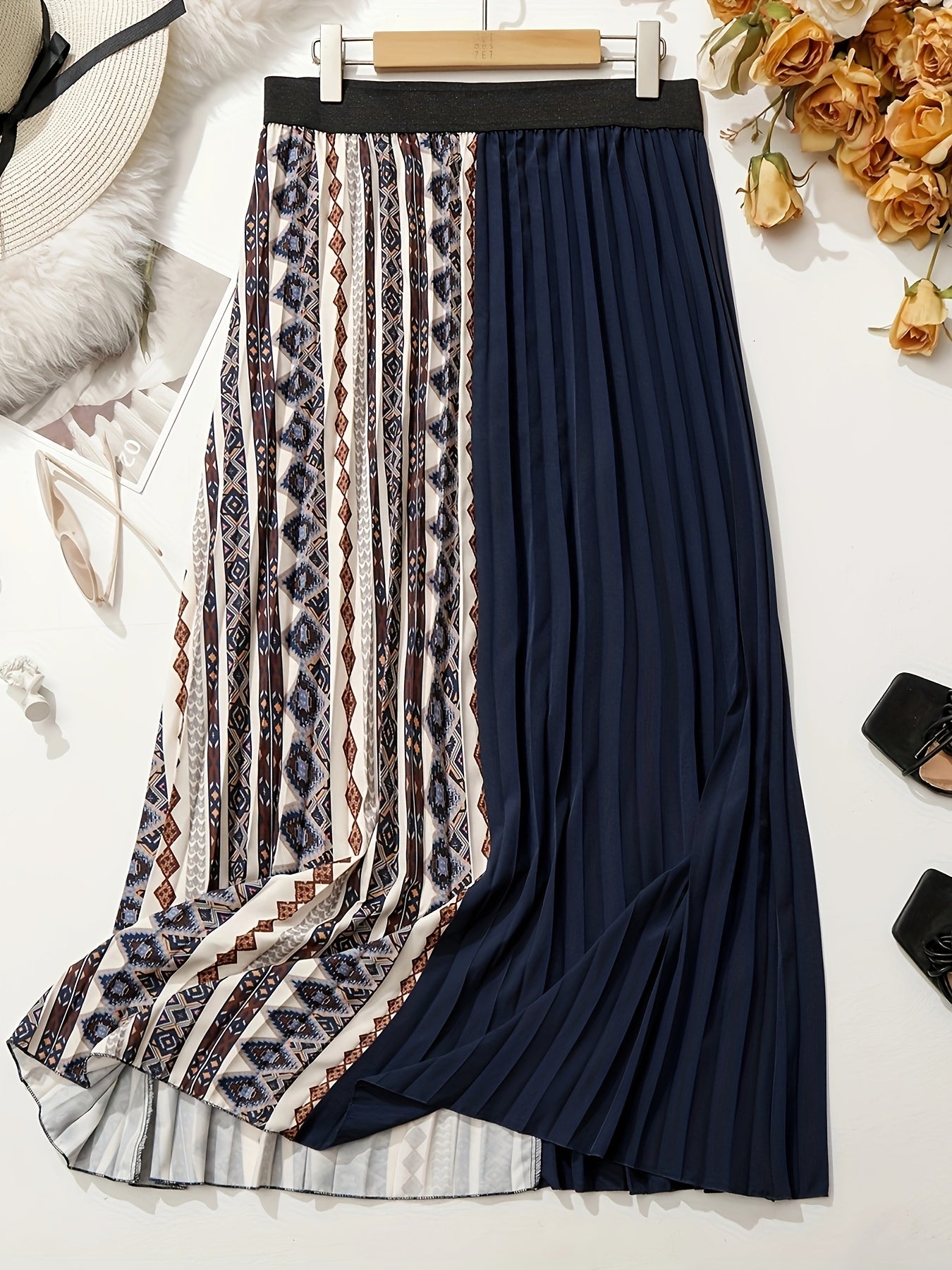  Boho Skirt Women's Plus Geo Print Pleated Skirt