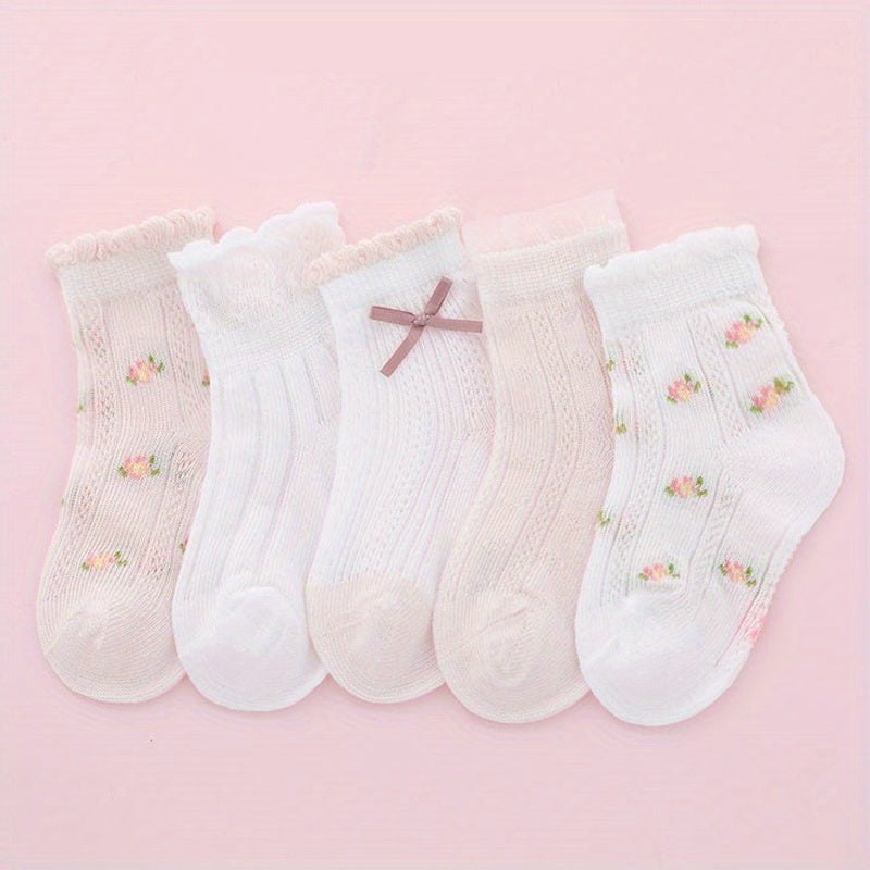 5Pairs Girls Mesh Thin Flower Pattern Bow Knitted Lace Crew Socks