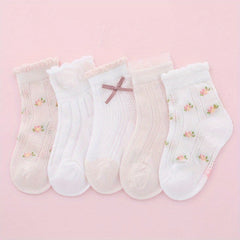 5Pairs Girls Mesh Thin Flower Pattern Bow Knitted Lace Crew Socks