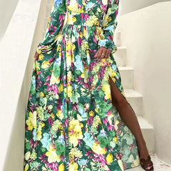 Floral Print Off Shoulder Boho Dress V Neck Thigh Slit