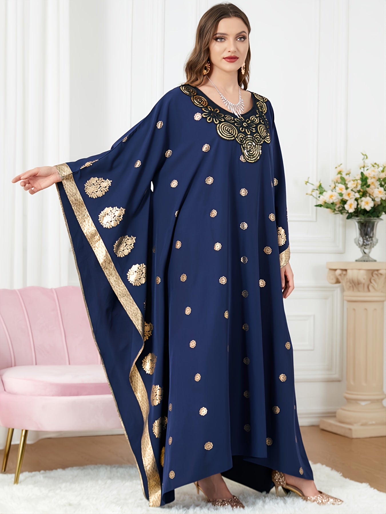 Batwing Sleeve Abaya Long Dress Women's Plus Loose Fit Round Neck Abay