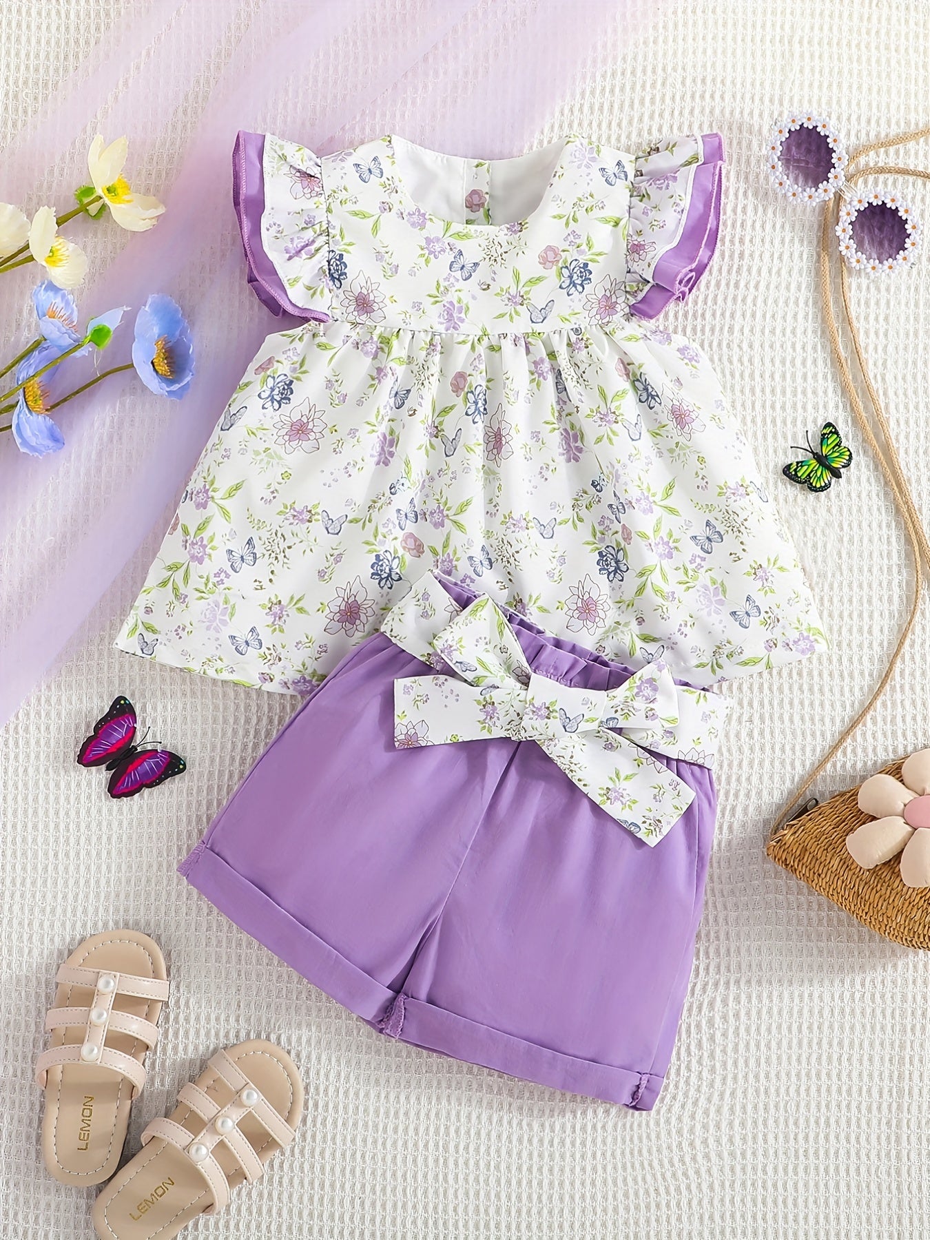 Girls Ruffled Sleeves Floral Blouse Top & Shorts Set