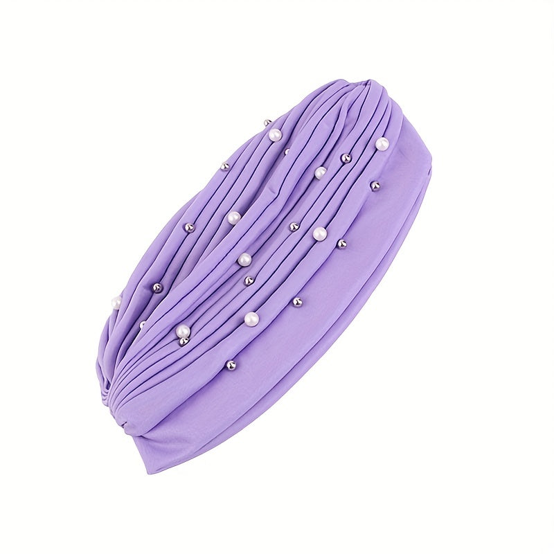 Faux Pearl Decor Turban Pleated Chemo Cap Hat