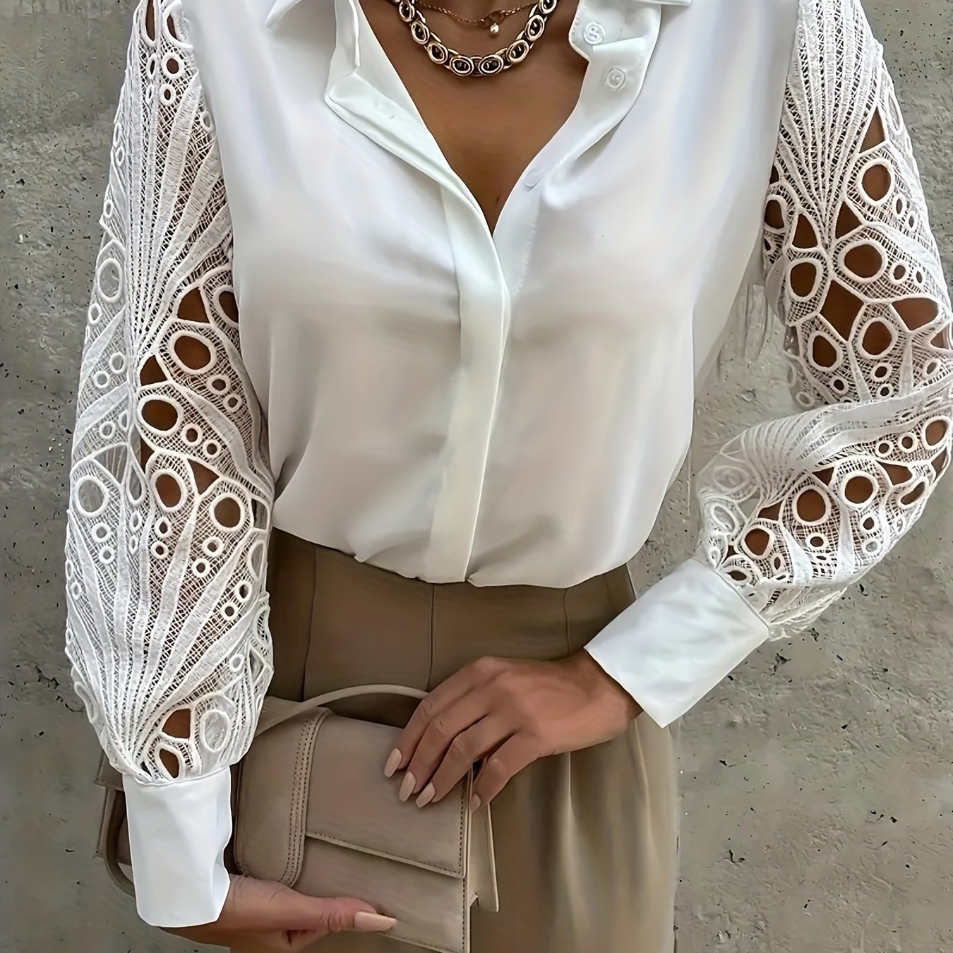  Lace Sleeve Button Up Blouse