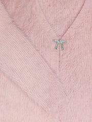  Casual Cardigan Women's Solid Faux Fur Bow Long Sleeve Open Front