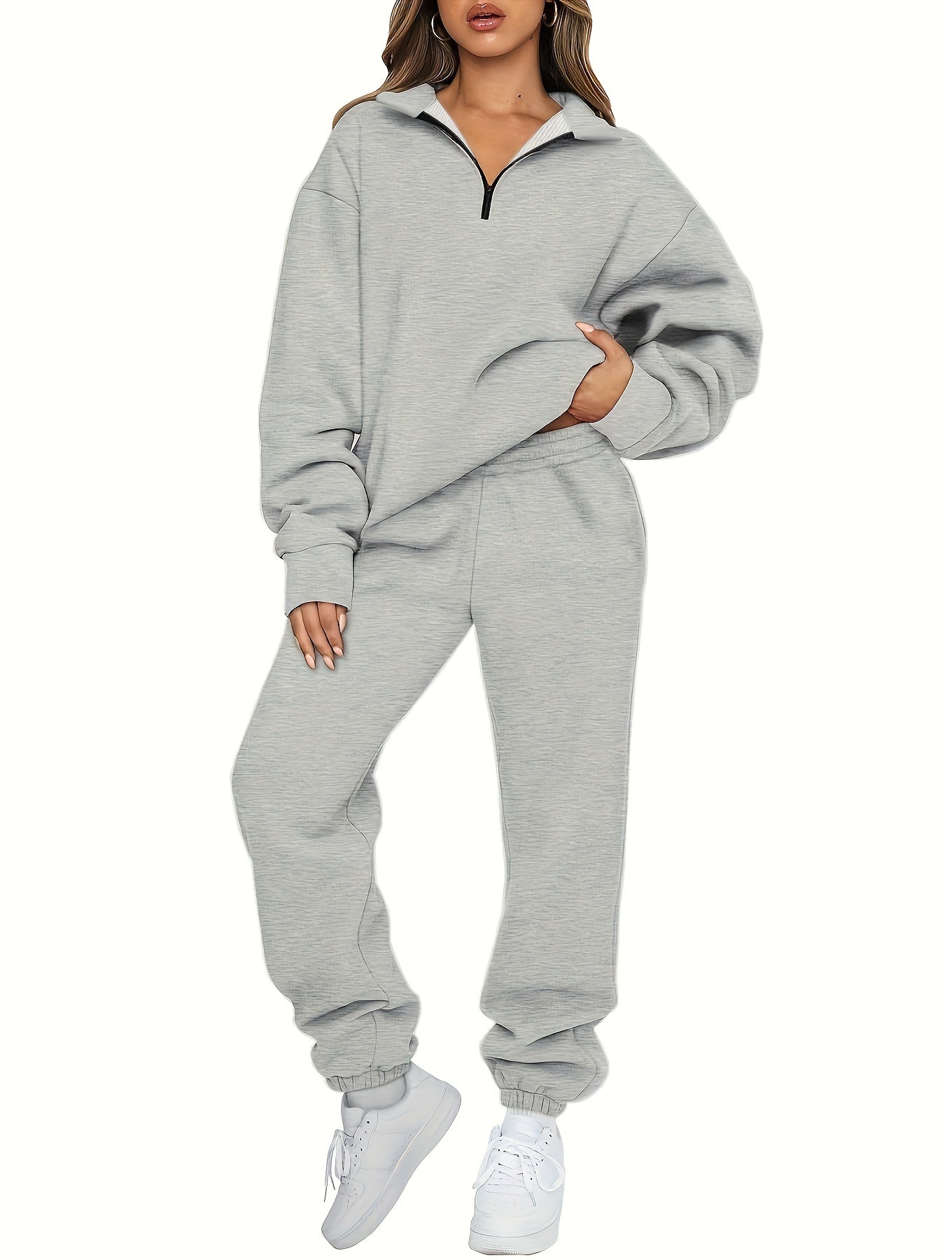  Zip Up Pullover Top & Joggers Set for Women