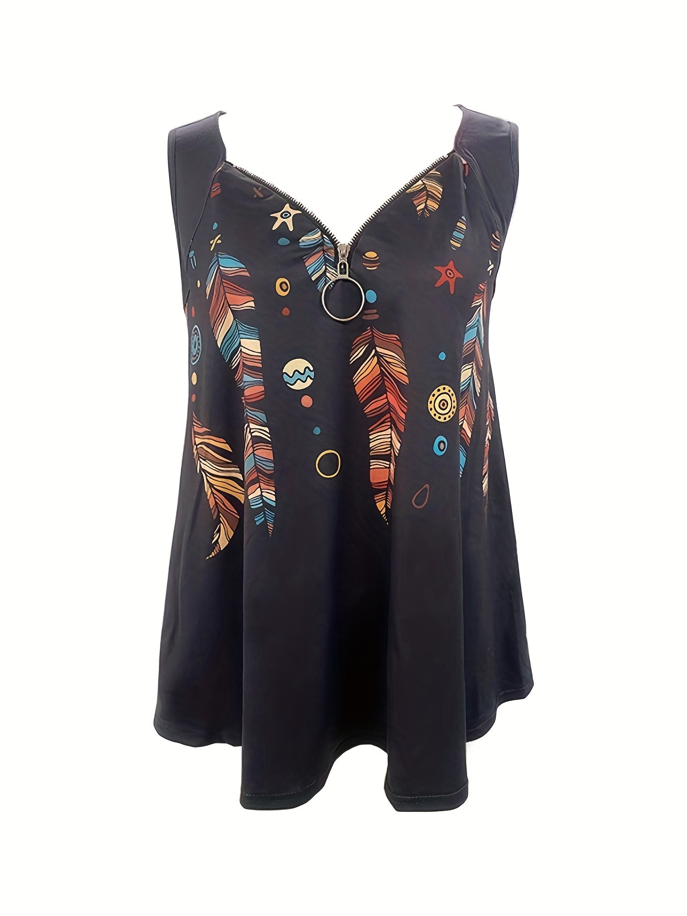 Feather Print Tank Top V Neck Sleeveless