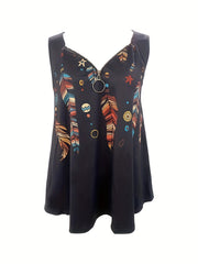 Feather Print Tank Top V Neck Sleeveless