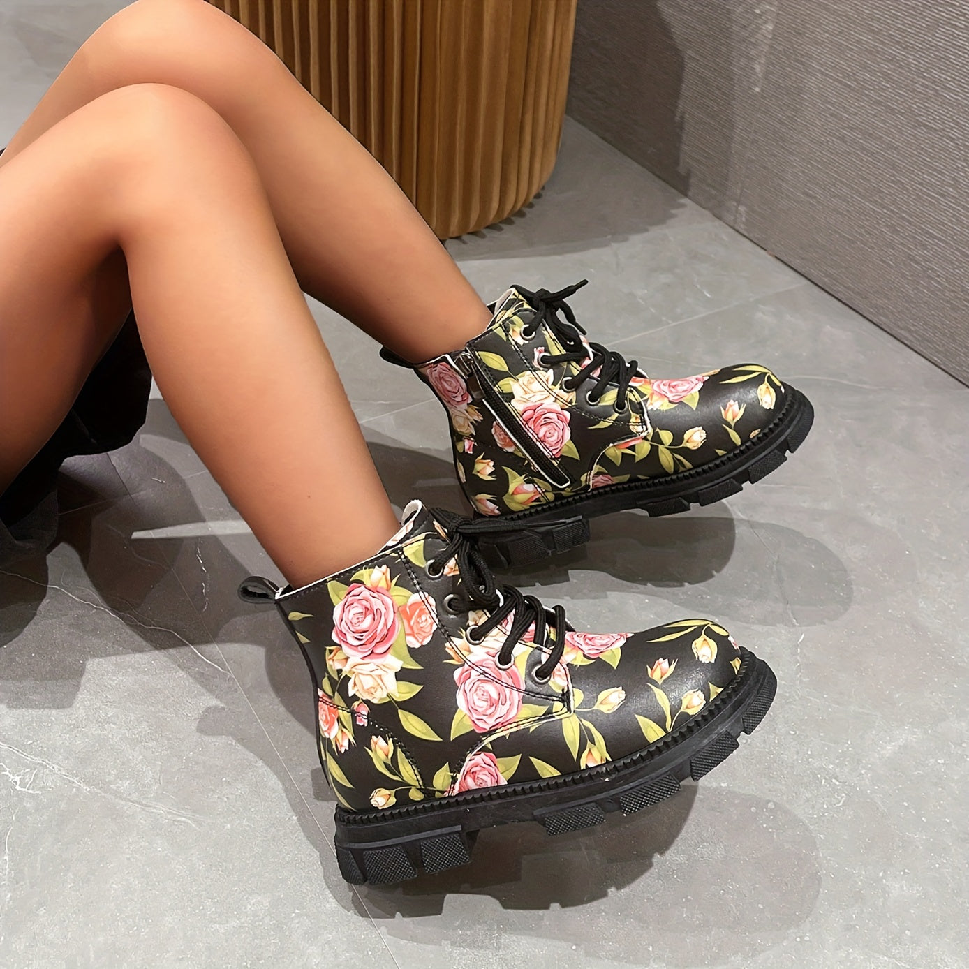 Girls Flower Print Lace Up Boots, Non Slip & Comfortable