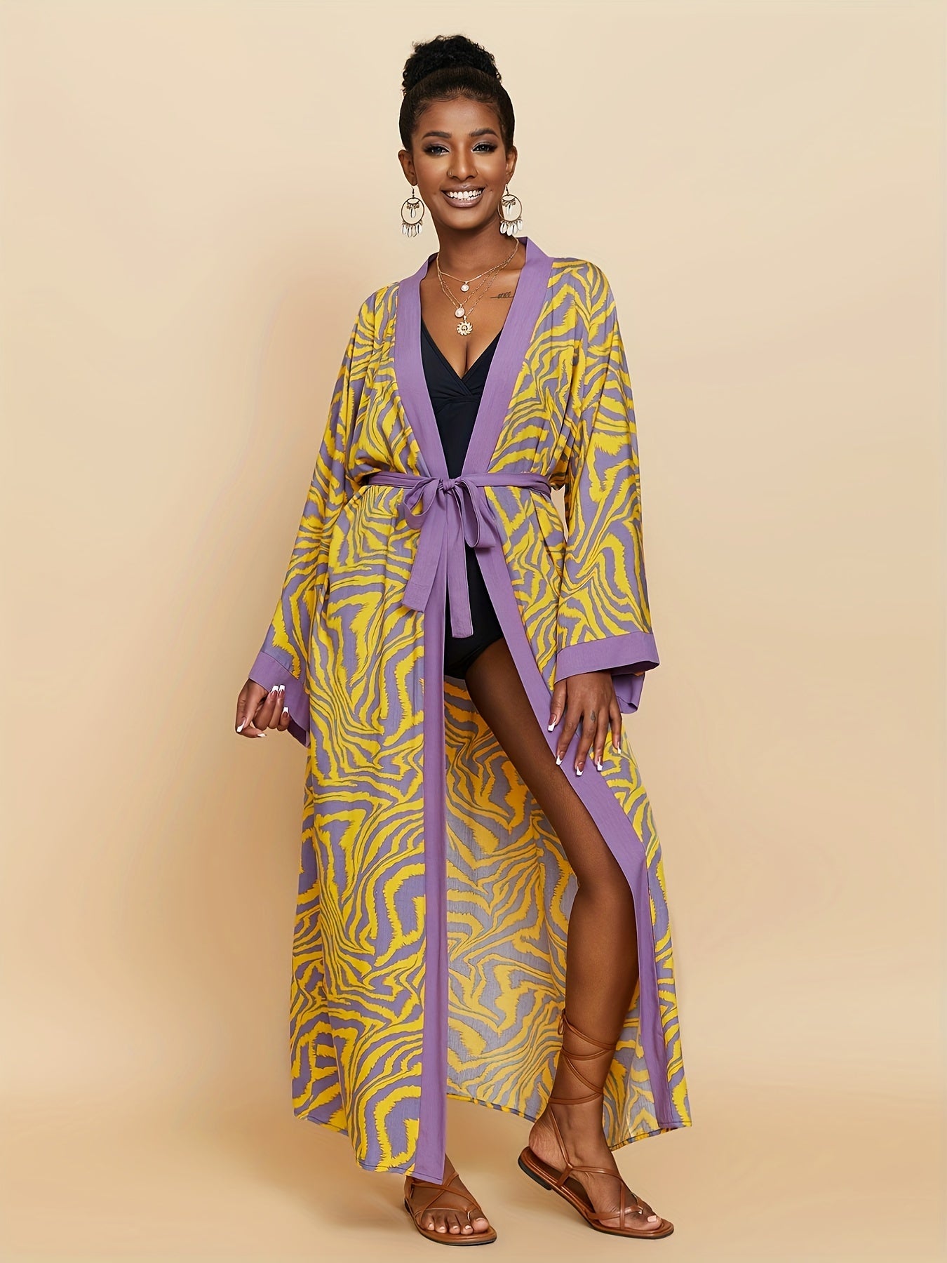  Fluid Print Long Sleeve Cover Up
