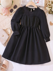 Solid Textured Stitching Long Sleeve Casual Dress For Girls Autumn Outfit