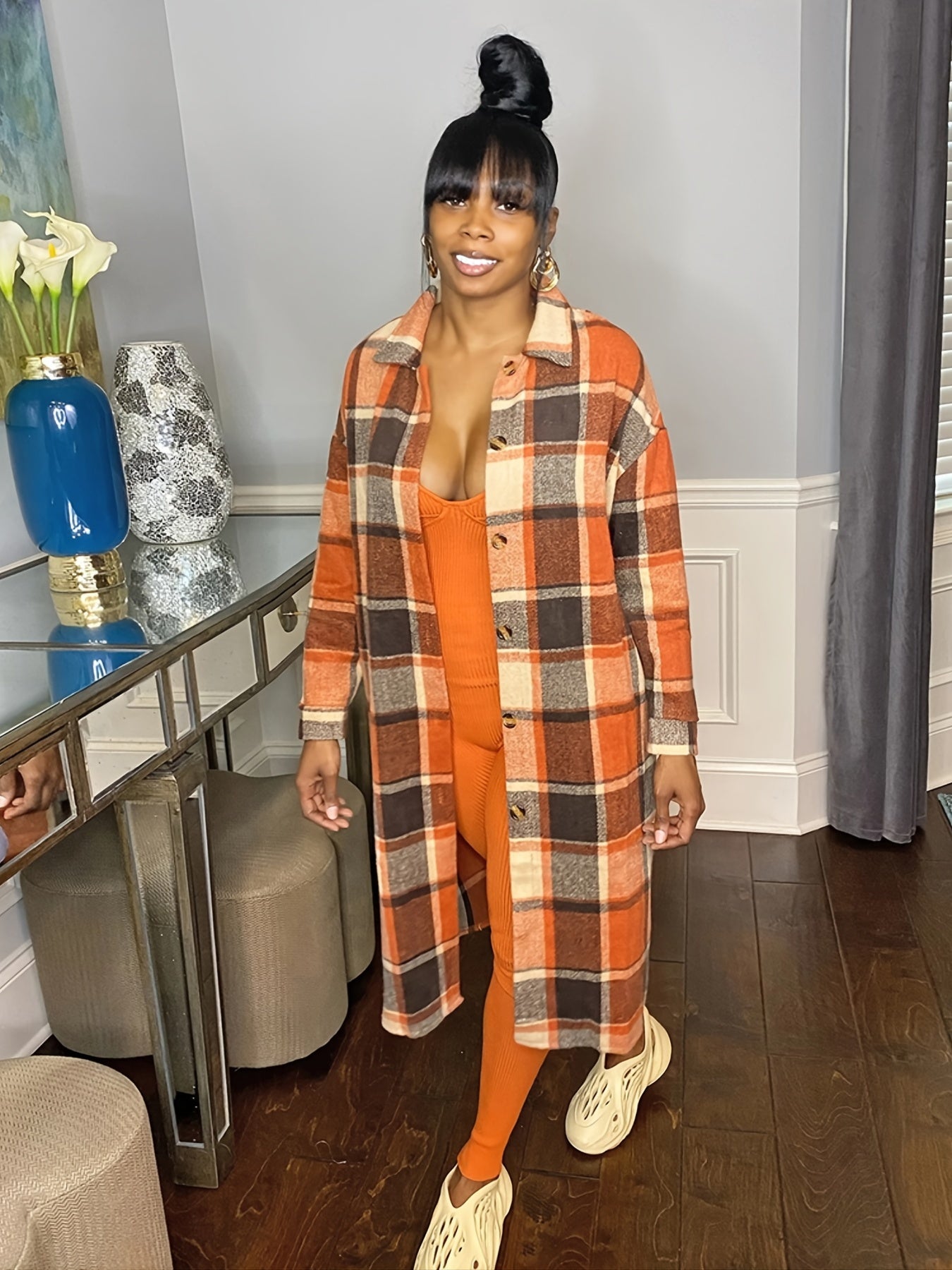 Oversized Plaid Shirt Jacket Long Sleeve Button Up Casual Shacket