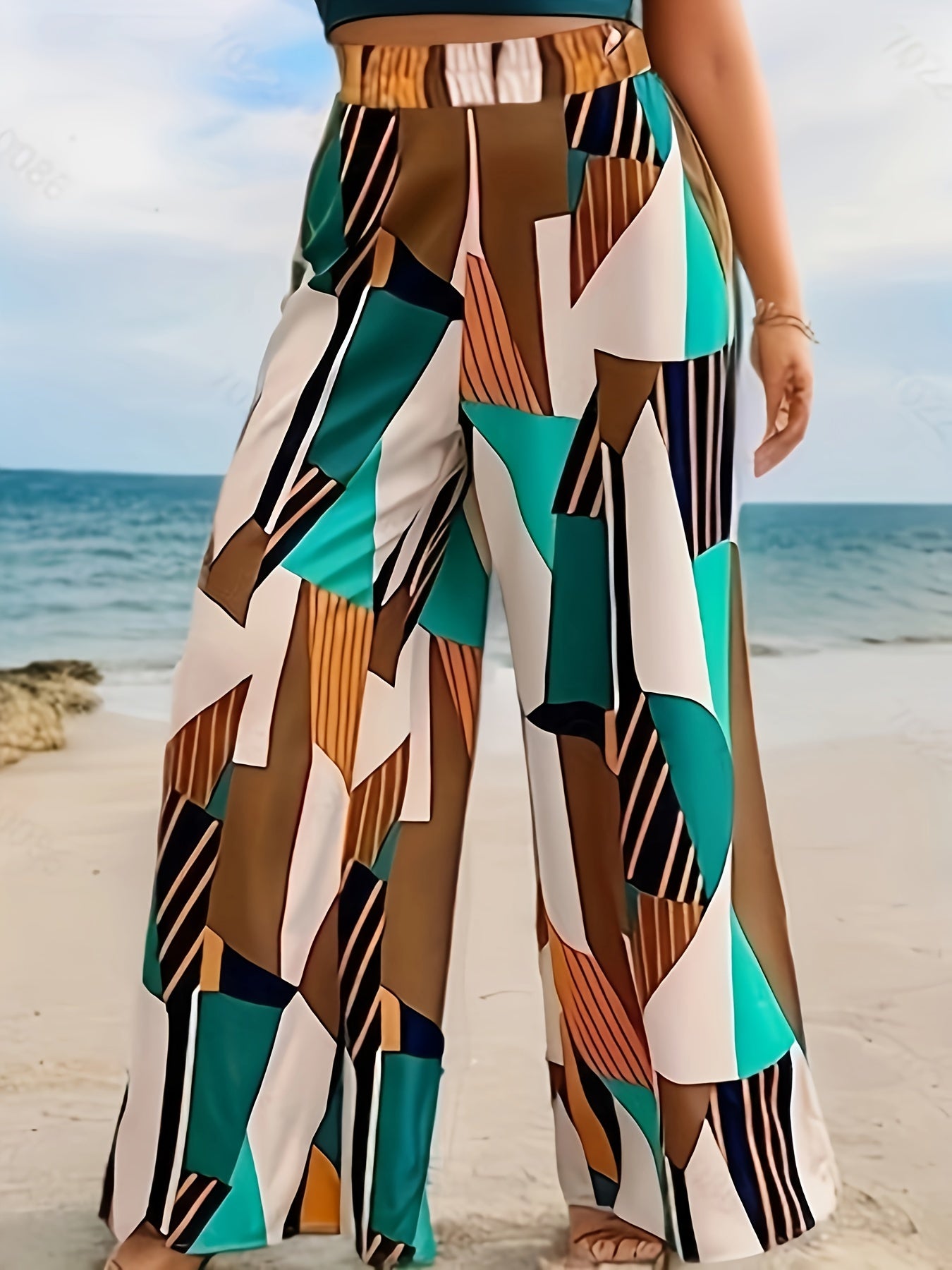 Colorblock Geometric Print Wide Leg Pants With Pockets