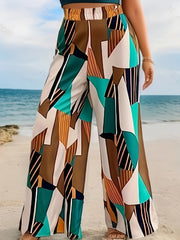  Colorblock Geometric Print Wide Leg Pants With Pockets