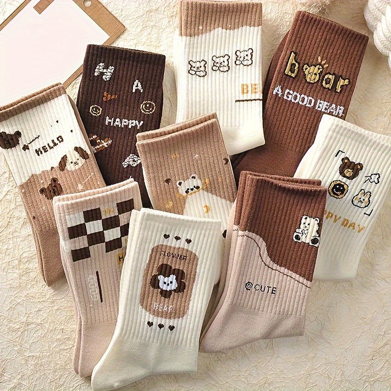 9 Pairs Cartoon Print Socks Women's Mid Tube Stockings