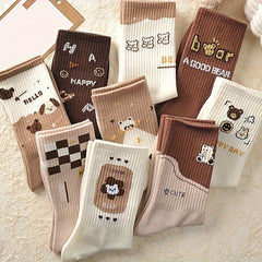 9 Pairs Cartoon Print Socks Women's Mid Tube Stockings