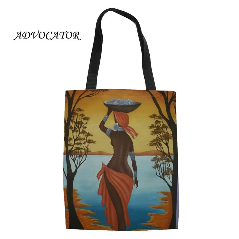 Canvas Shoulder Bag African Girl Print Large Capacity Handbag