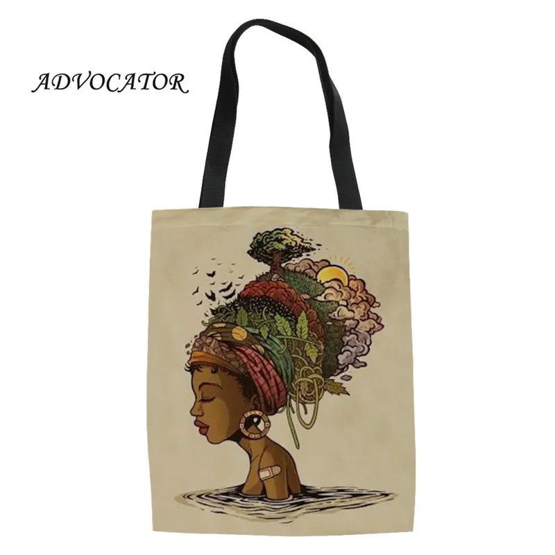 Canvas Shoulder Bag African Girl Print Large Capacity Handbag