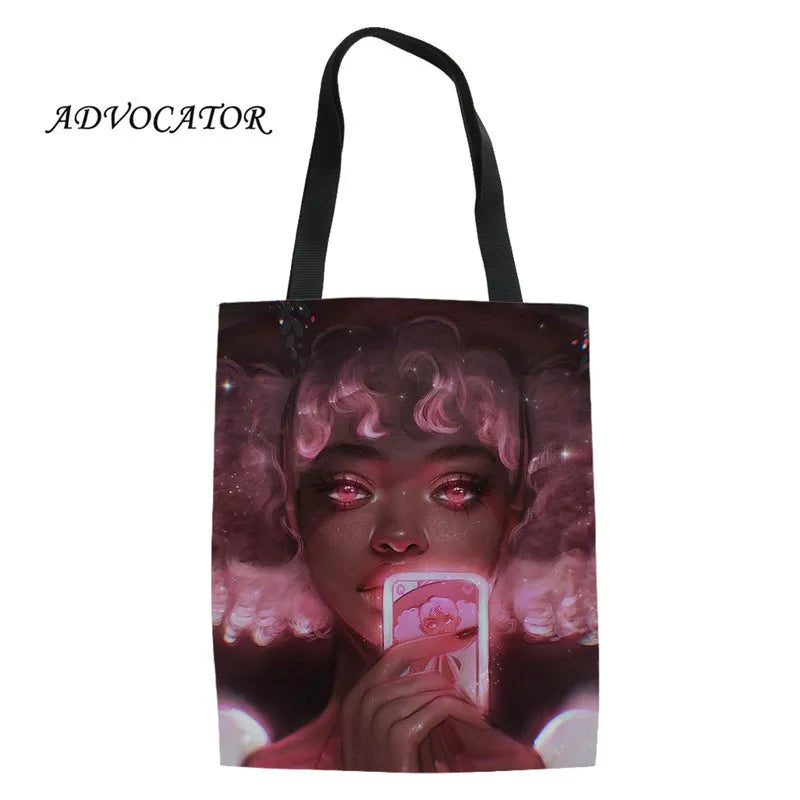 Canvas Shoulder Bag African Girl Print Large Capacity Handbag