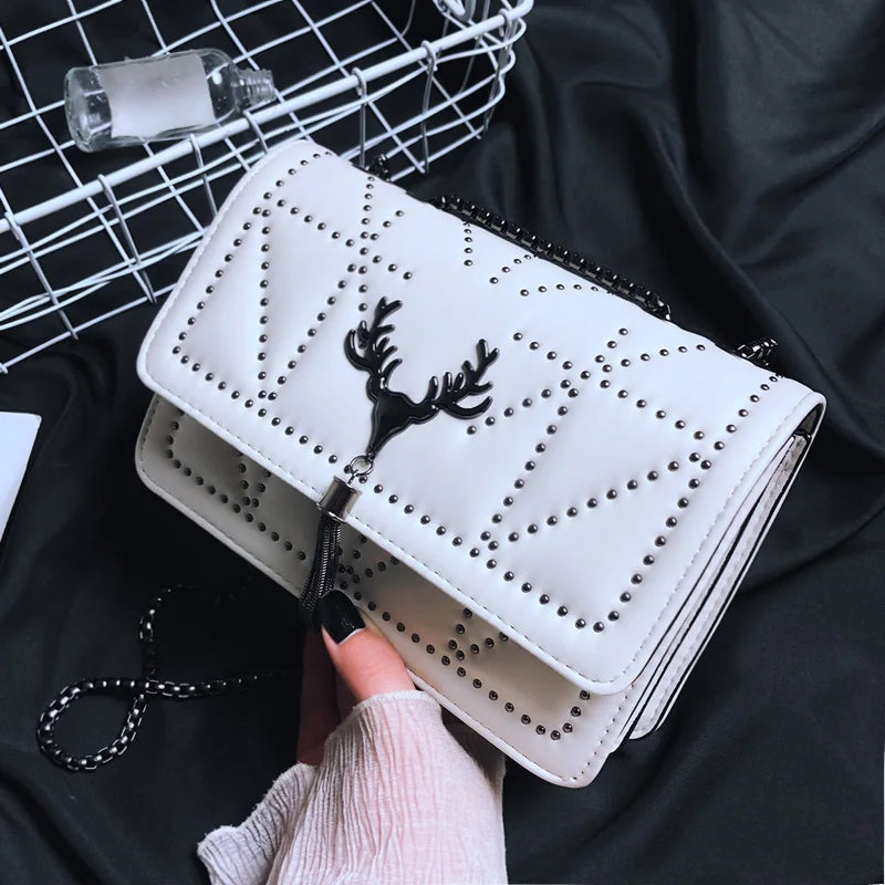 Rivet Tassel Shoulder Handbag PU Leather Chain Purses for Lady Party Gift