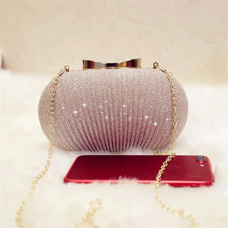 AUAU-Golden Evening Clutch Bag Wedding Handbags Metal Bow Clutches