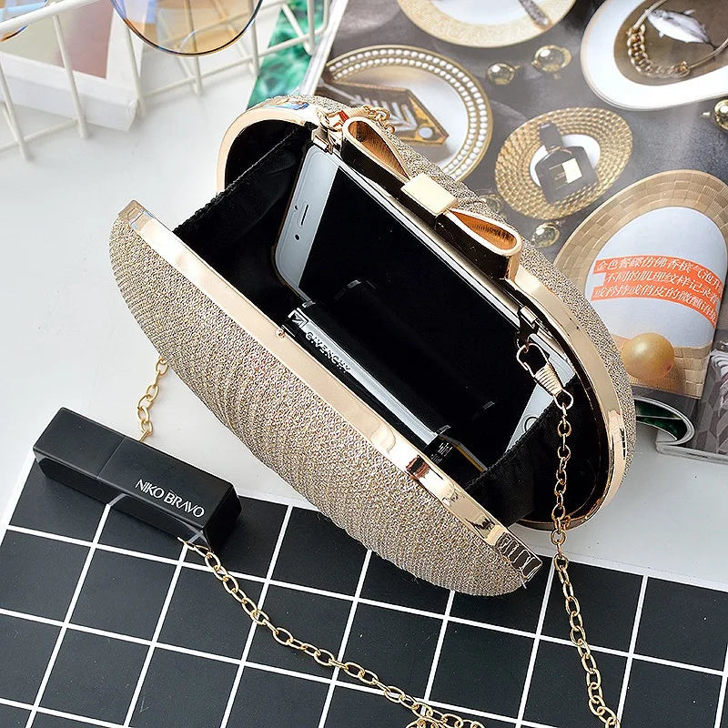 AUAU-Golden Evening Clutch Bag Wedding Handbags Metal Bow Clutches