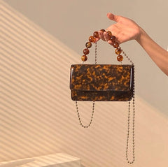 Vintage Beaded Chain Crossbody Bag Amber Pattern Ladies Flap Bag
